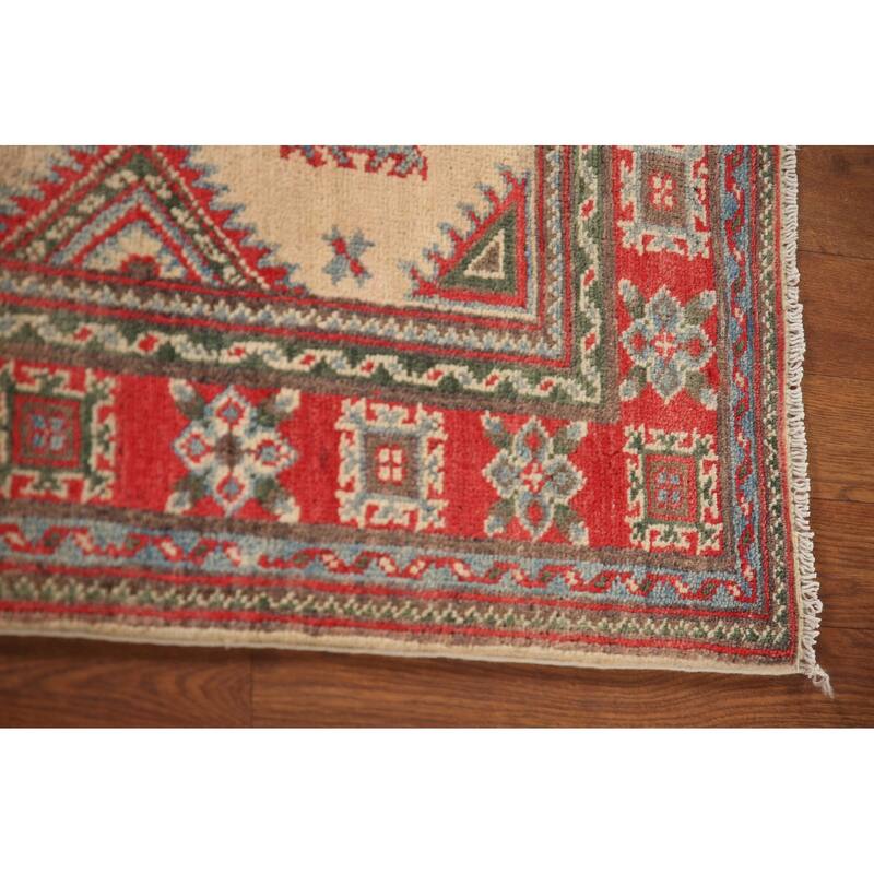 Geometric Kazak Accent Rug Handmade Oriental Beige Wool Carpet - 2'9"x 4'0"