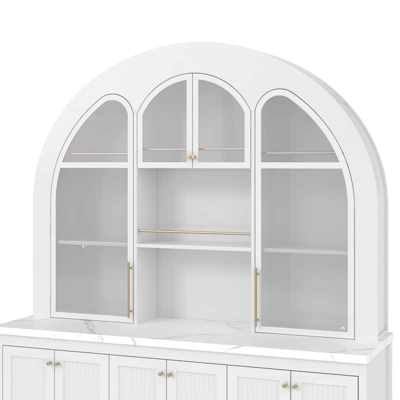 63" Arched Display Cabinet with LED Lights, Modern Buffet Sideboard with Glass Doors, Large Storage Credenza Bookshelves