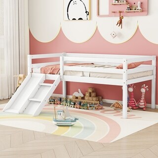 White Twin Size Pine Wood Low Loft Bed with Slide and Ladder