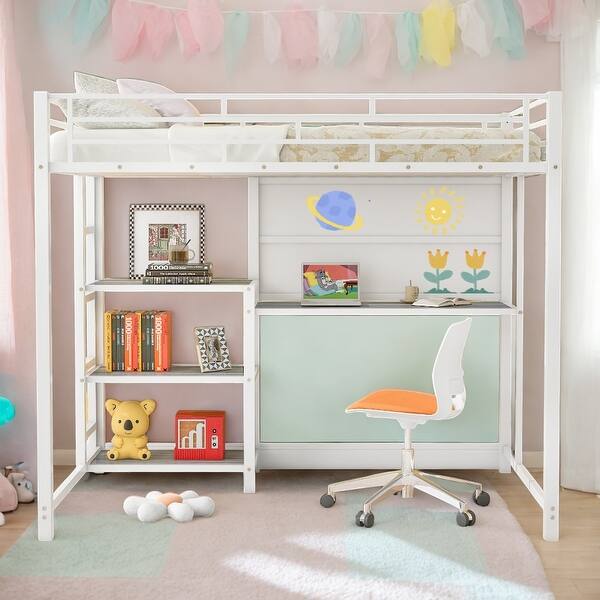 slide 2 of 26, Full Size Loft Bed with Desk, Whiteboard & Shelves - Metal Frame,Space-Saving Design,White White