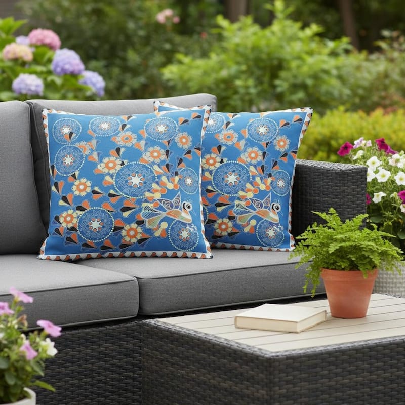HomeRoots Set of Two 16" X 16" Blue and Orange Peacock Blown Seam Floral Indoor Outdoor Throw Pillow - 16.00' X '16.00' X '5.00 - Blue/Orange - 16.00' X '16.00' X '5.00