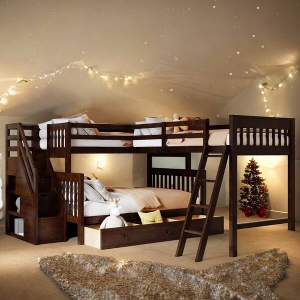 slide 2 of 14, Espresso 3-in-1 Twin over Twin L-Shaped Bunk Bed with Ladder, Staircase and 3 Drawers