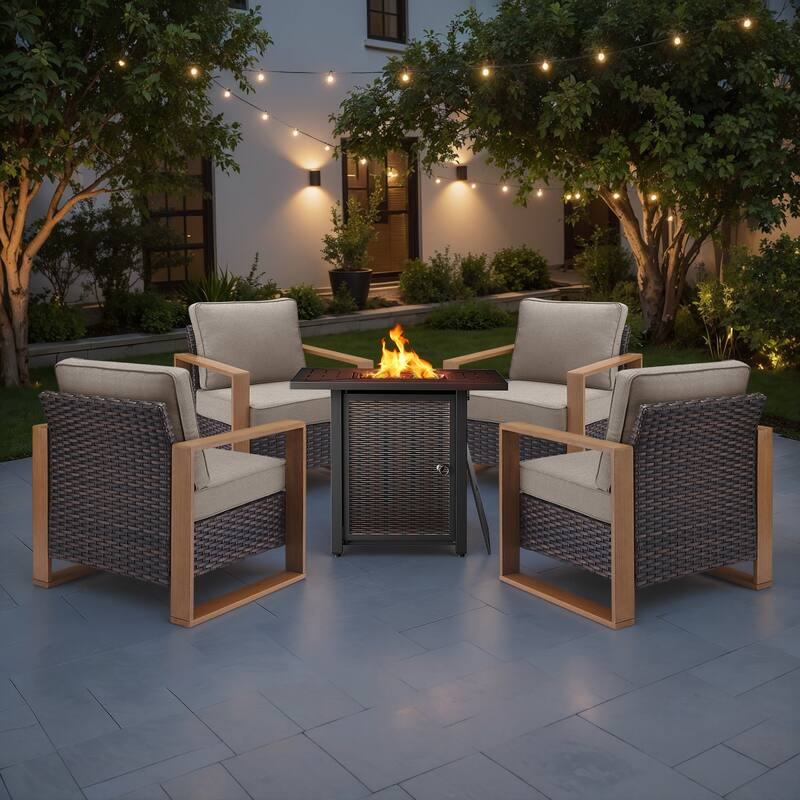 Meyreso 5-Piece Wicker Patio Conversation Set with Metal Fire Pit & Plush 4.5" Olefin Cushions - Brown Wicker - Beige Cushions