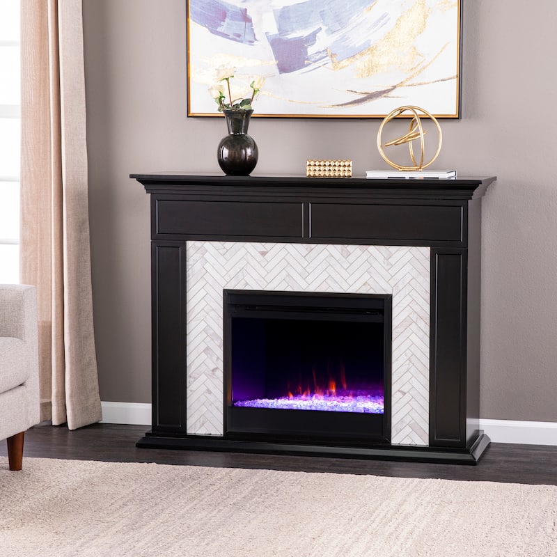 SEI Furniture Torton Contemporary Color Changing Electric Fireplace with Marble Tiled Mantel - Black