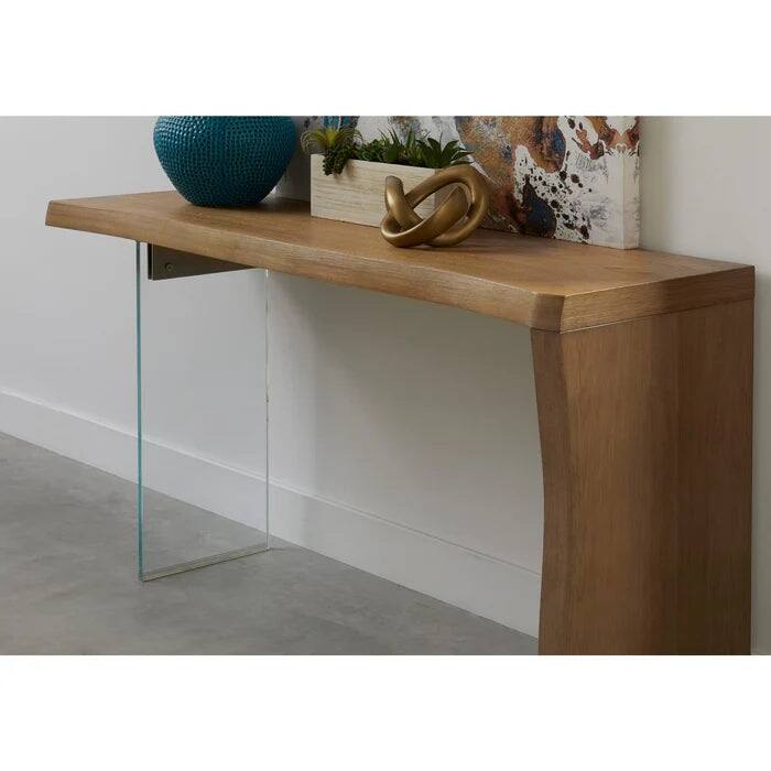 Seaboune Live-Edge White Oak and Glass Console Table in Bisque