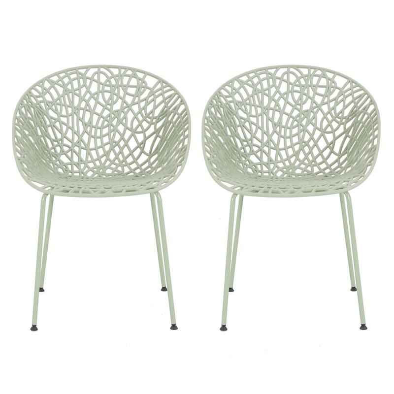 Roomfitters Neiman Outdoor Plastic Dining Chairs with Iron Legs, Modern Diamond Pattern, Set of 2 - Green