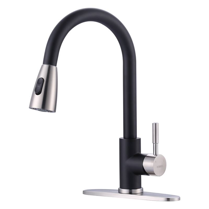 WOWOW 3-Function Pull down Sprayer Kitchen Faucet with Deckplate - Without Soap Dispenser - Brushed Nickel and Black