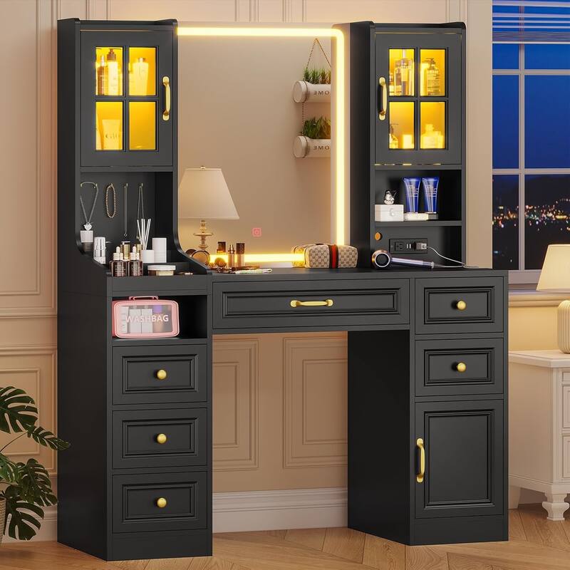 Vanity Desk Touch Screen Mirror Cabinets 6 Drawers 5 Jewelry Hooks - Black