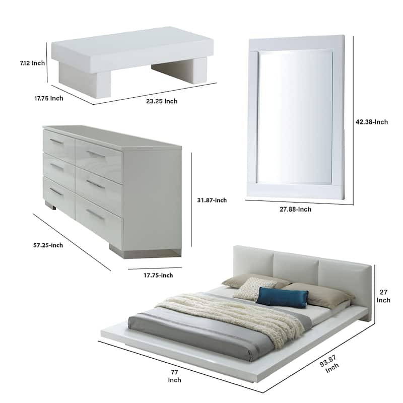 Rishi 4 Pc Queen Size Bedroom Set, Low Profile, Leatherette Padding, White