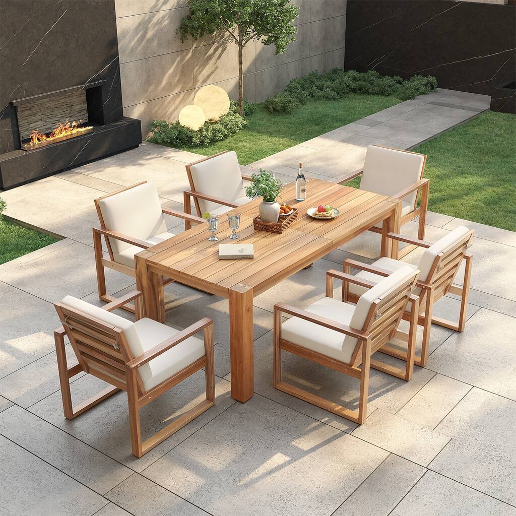 7 Piece Outdoor Patio Dining Table Chairs Set Wood Casual Dining Table with Parasol Hole and 6 Removable Cushions Chairs