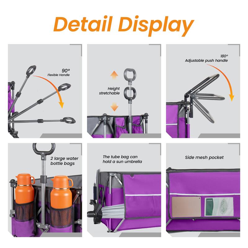 Multi-Functional Push-Pull Folding Wagon Cart with Rotating Handle & Canopy, 9"x4" Beach Tires, 300L Large Capacity