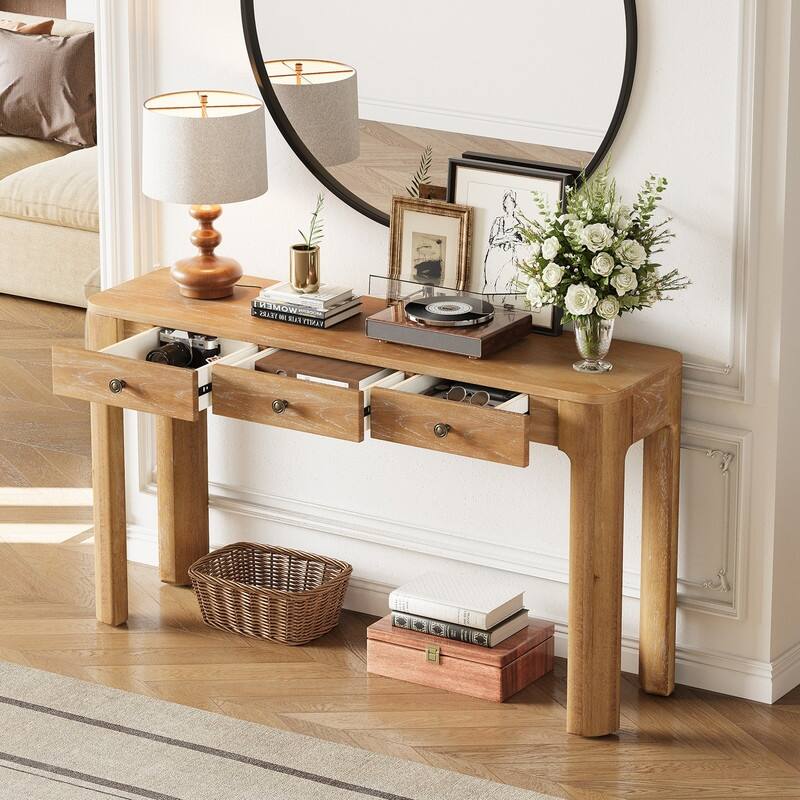 Rustic 52" Console Table with Drawers and Curved Legs for Entryway or Living Room Decor