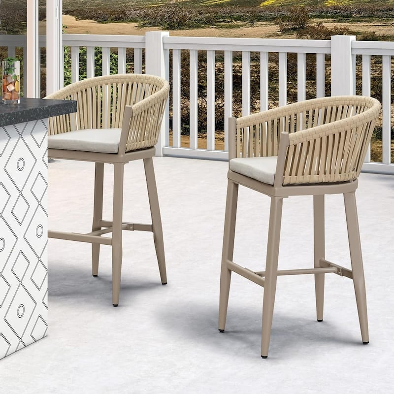 PURPLE LEAF Outdoor Bar Stools Set of 2 Patio Metal Modern Wicker Bar Chairs Woven Aluminum Barstools