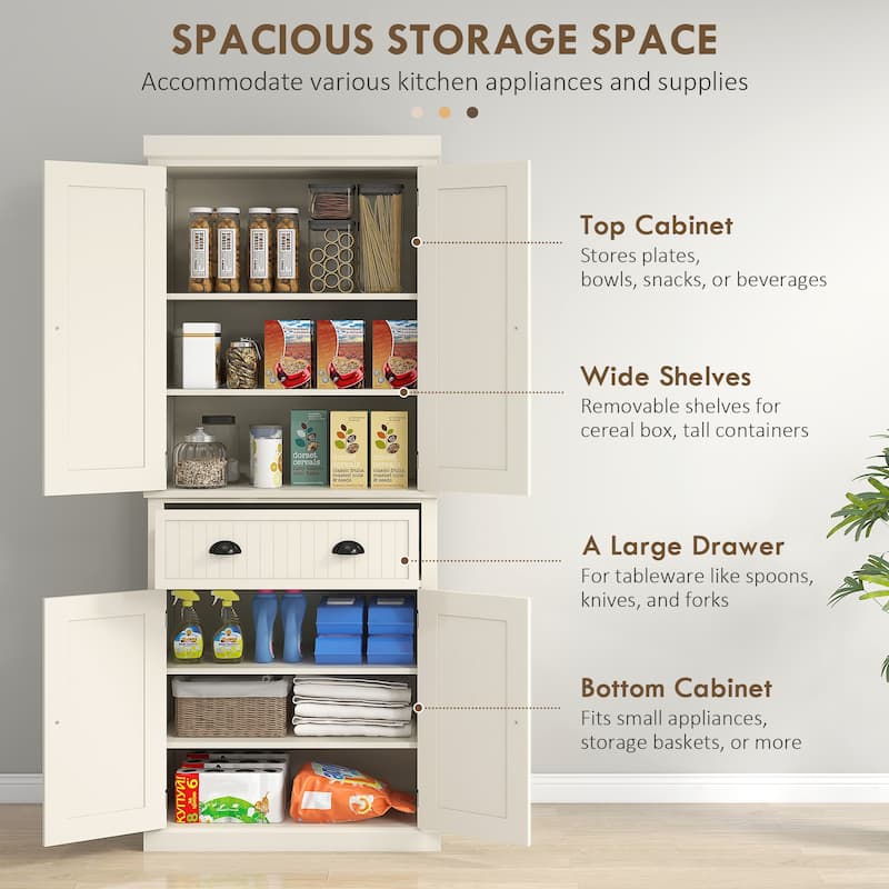 HOMCOM 72" Kitchen Pantry Cabinet, Freestanding Tall Storage Cabinet, Traditional Kitchen Cabinet with 4 Doors