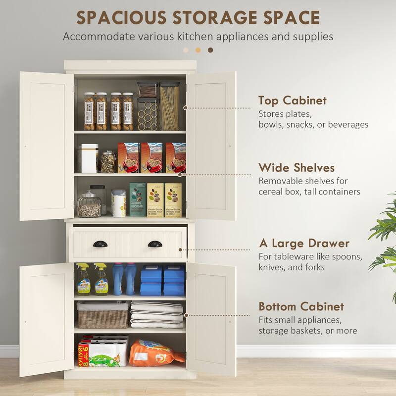 Traditional Tall Storage Cabinet with 4 Doors, Drawer and 3 Adjustable Shelves