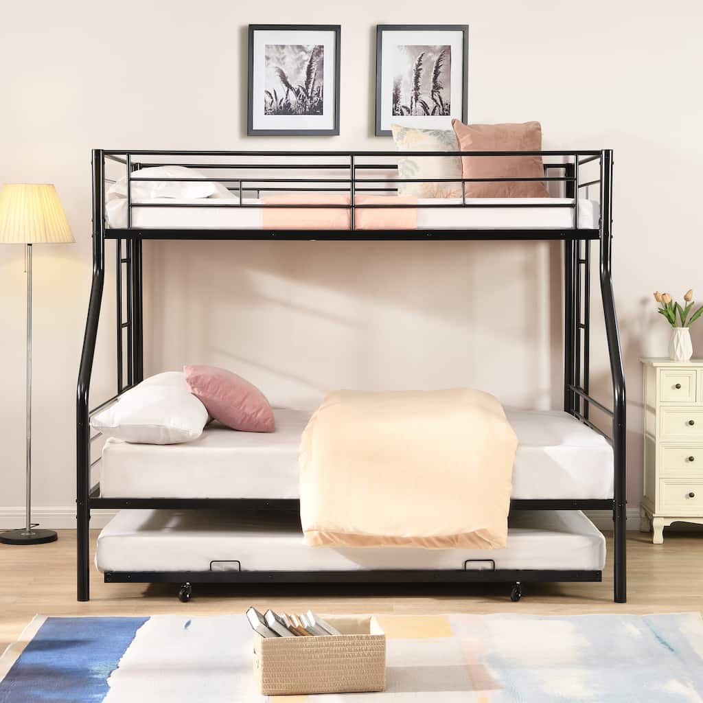 Durable Twin Over Full Metal Bunk Bed with Trundle, Quiet Sturdy Frame, Easy Setup, and Under-Bed Storage Space