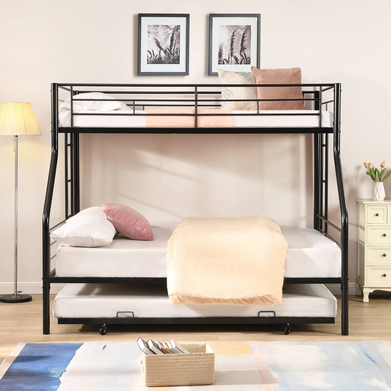 Twin Over Full Triple Bunk Beds with Trundle, Metal Bunkbeds w/Ladder & Full-Length Guardrail, Noise Free, No Box Spring Needed