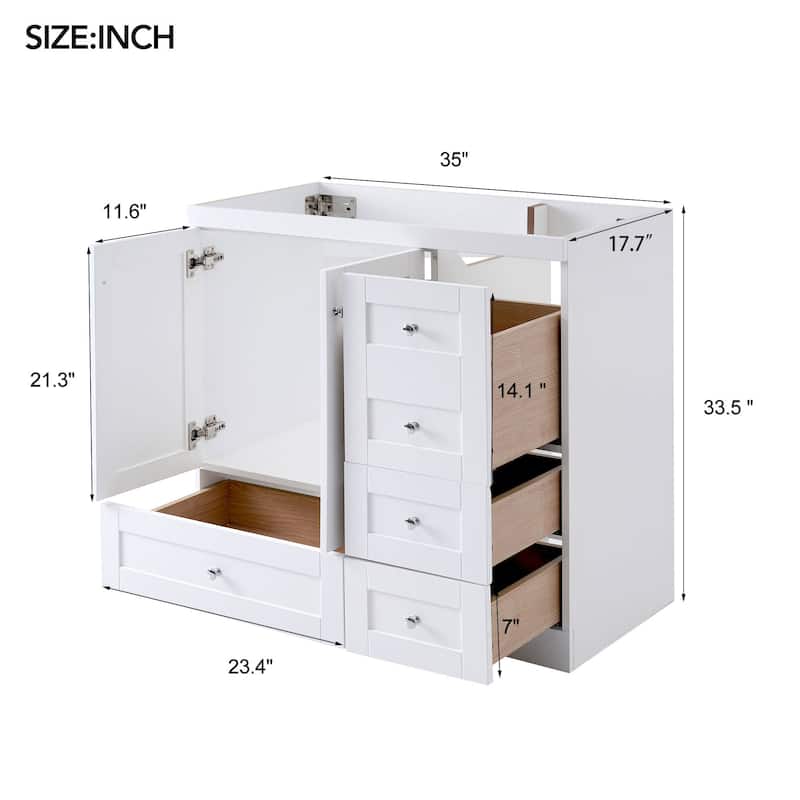 GDFStudio - Vega Wood & Ceramic 36" Shaker Style Bathroom Vanity with Sink, 4 Drawers & 2 Doors - 36"-Cabinet only - White