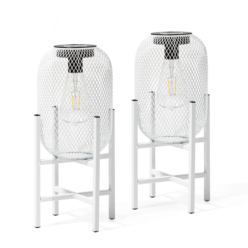 Glitzhome 11.5"H Set of 2 Mesh Edison Bulb Outdoor Solar Lantern with Stand