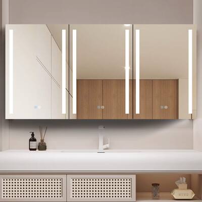 60 in. W x 30 in. H Aluminum Surface Mount Medicine Cabinet with Three Doors and Mirror and Glass Shelves - 60" x 30" in.