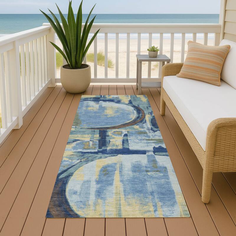 Machine Washable Indoor/ Outdoor Modern Erie Chantille Rug - Teal - 2'3" x 7'6"
