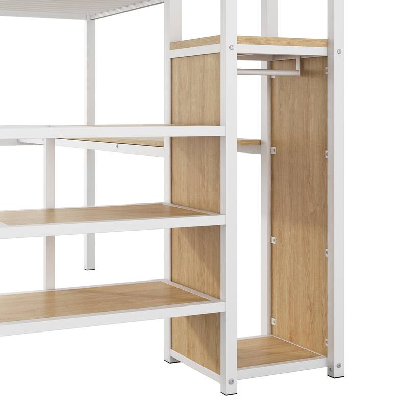 Full Size Metal Loft Bed with Desk, Storage Staircase, Wardrobe, and LED Light, White