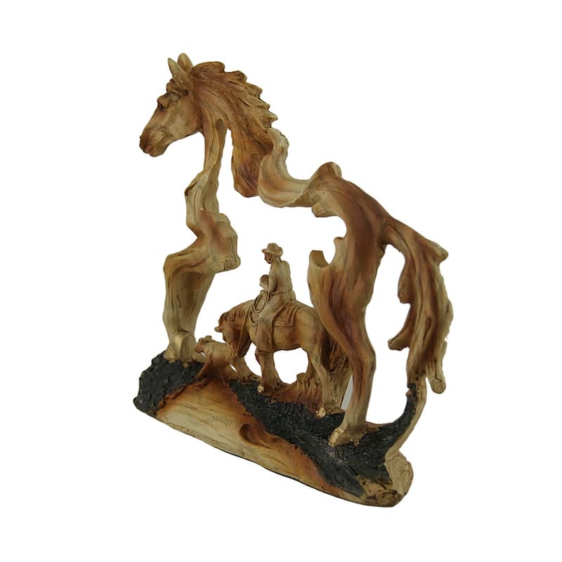 The Wrangler Cowboy In Horse Faux Carved Wood Statue Western Decor - 5.5 X 7 X 1.5 inches