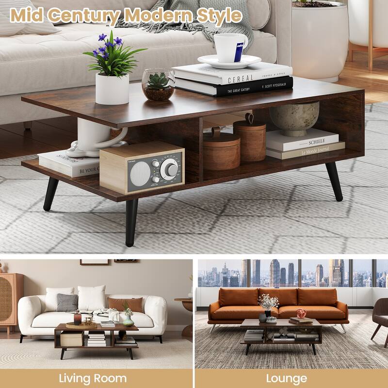 Gymax 2-Tier Coffee Table w/ Compartments & Metal Legs Rectangle Tea