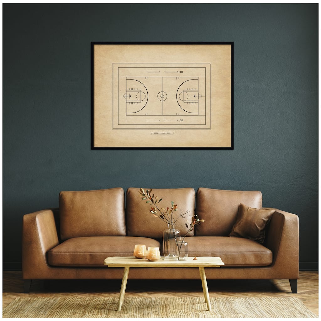 Kate and Laurel Vintage Sports Basketball Court Diagram Horizontal by The Creative Bunch Studio Framed Wall Art Print