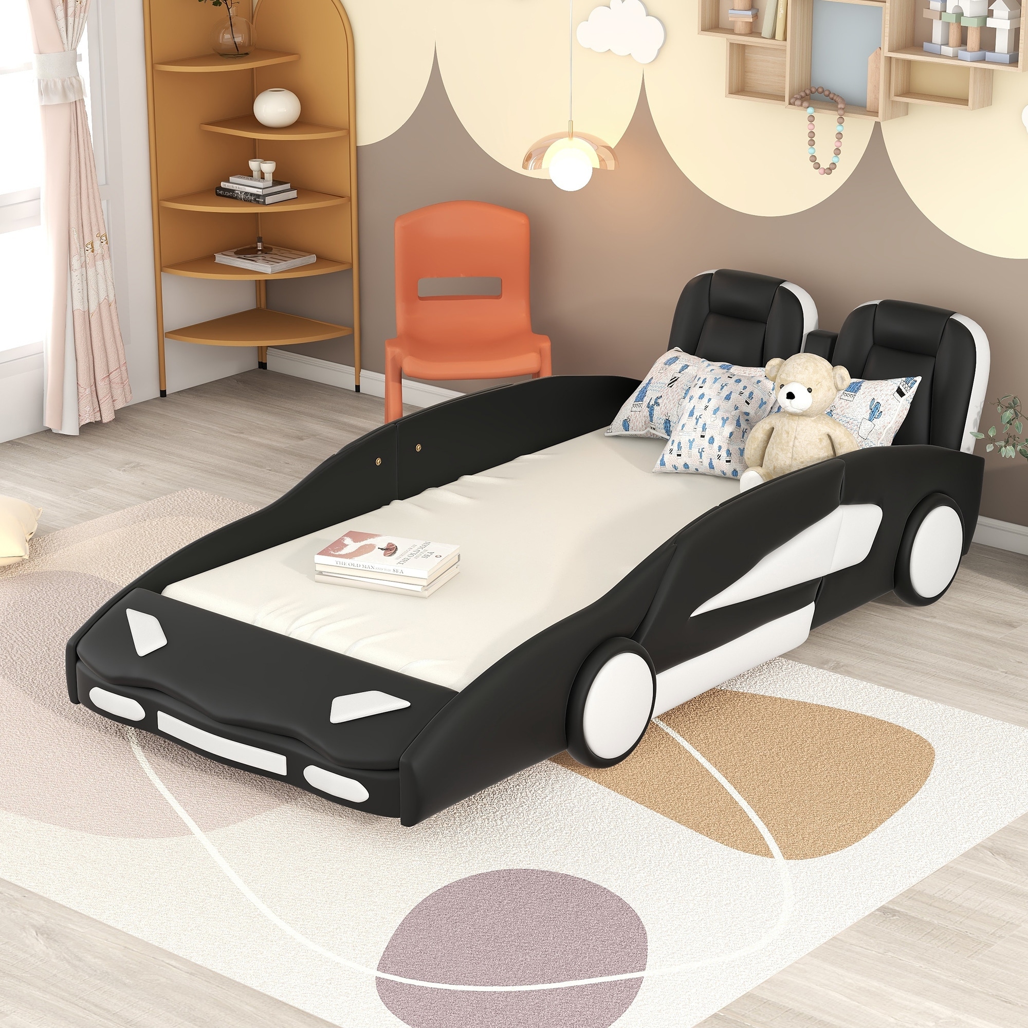 Twin Size Race Car-Shaped Upholstered Bed with 4 Wheels and