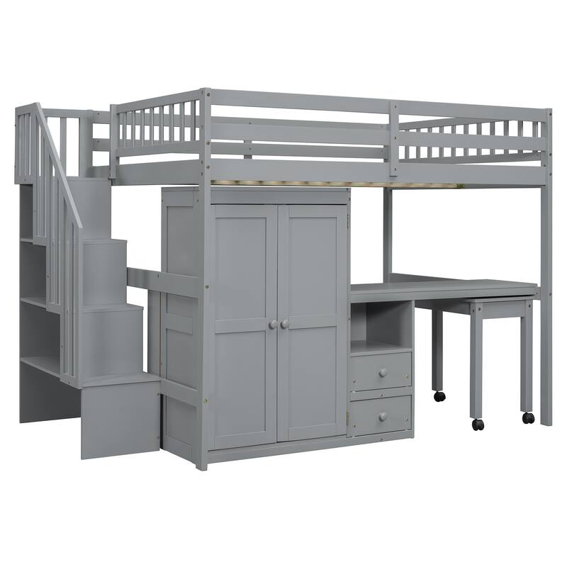 Full Size Loft Bed with Stairs, Bookshelf, Drawers, Desk & Wardrobe - Space-Saving Multifunctional Furniture for Kids & Teens