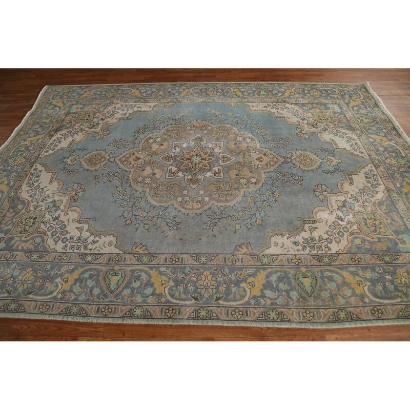 Hand Knotted Oriental 100% Wool Carpet Traditional Medallion Navy Blue & Blues Tabriz Area Rug - 9' 4'' X 6' 8''