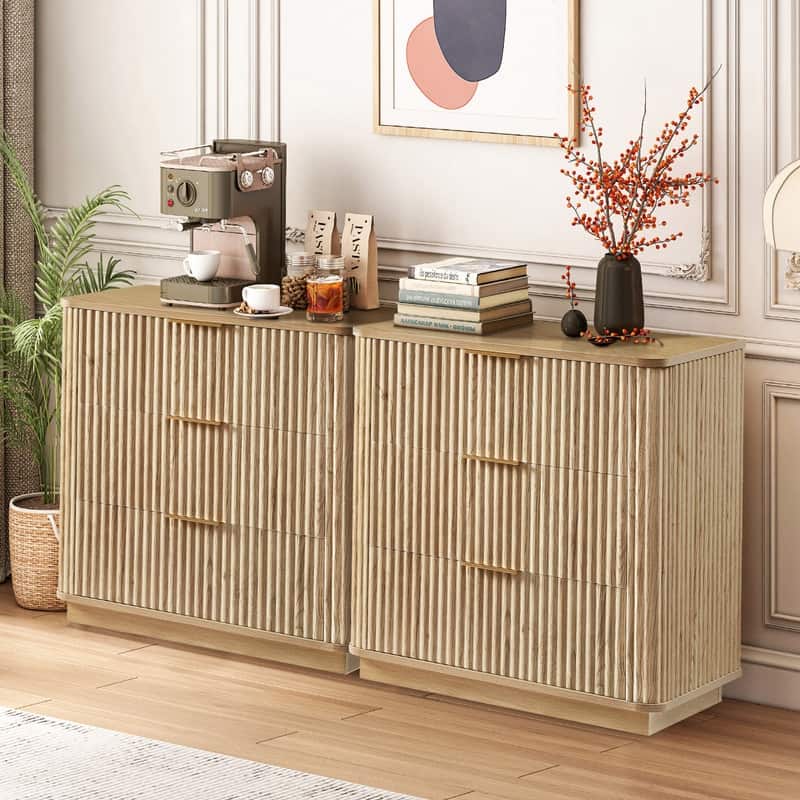 Modern Fluted 3-Drawer Dresser Nightstand with Easy Clean Waterproof Surface (Set of 2)