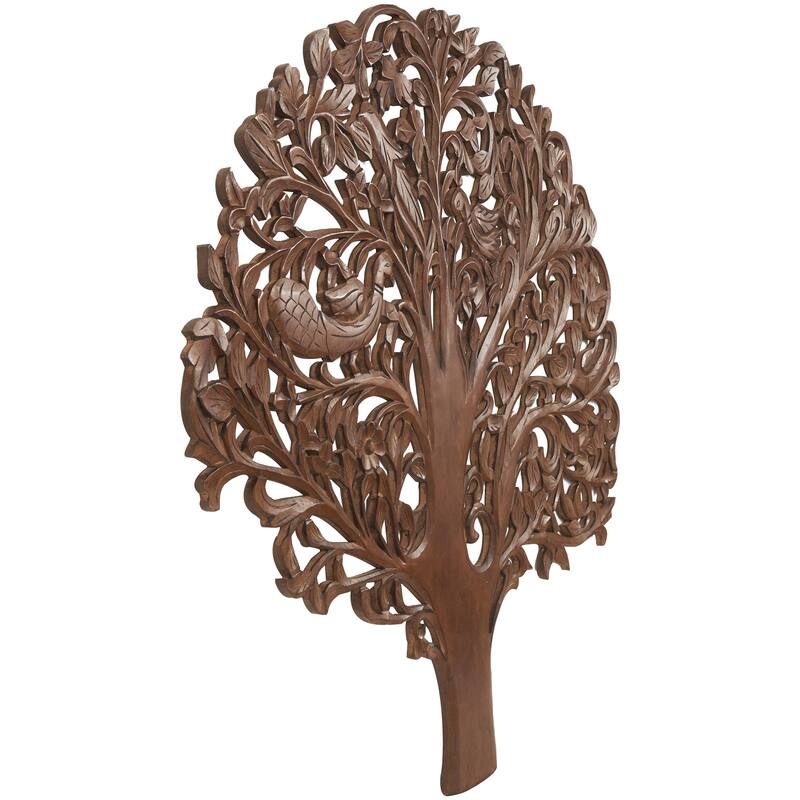 Brown Wooden Carved Tree Home Wall Decor with Animal Accents