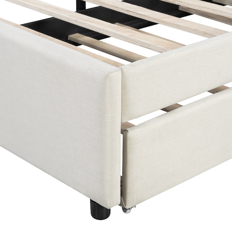 Roomfitters Queen Size Upholstered Platform Bed Frame with Twin XL Trundle and Geometric Patterned Headboard