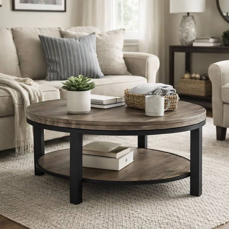 Cyon 40 Inch Round Coffee Table, Black Metal Frame, Gray Wood, Open Shelf