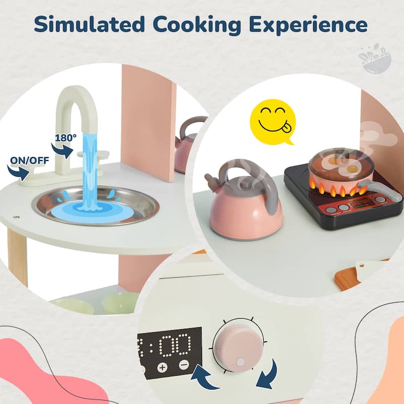 Wooden Play Kitchen Set for Kids, Pretend Cooking Toy, Interactive Kitchen Playset