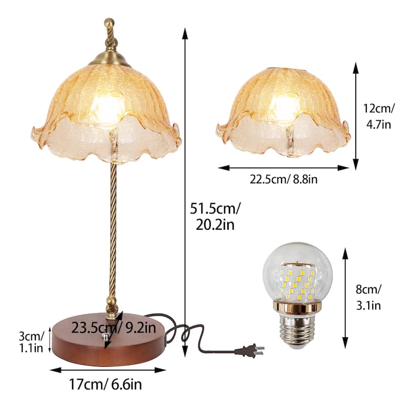 Vintage Flower Glass Table Lamp with Wooden Base USB Charging Port - 6.6x20.2 inch