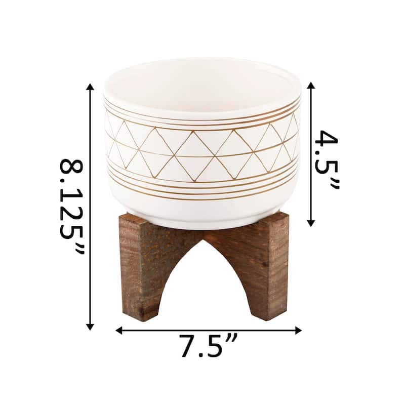 7" White Gold Line Geo Ceramic On Stand