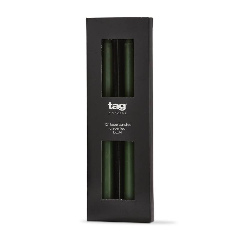 Color Studio 12" Traditional Taper Unscented Smokeless Paraffin Wax Candle Hunter Green, Set of 4, Burn Time 8 hrs.