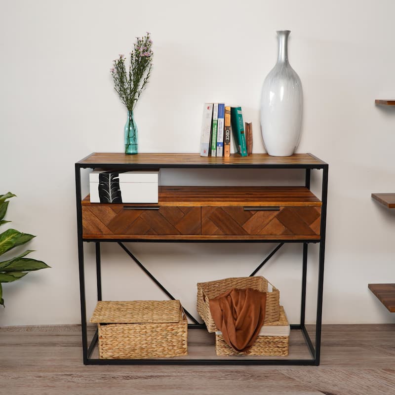 M4H Aarhus Brown Solid Wood Metal Console Table with Two Drawers