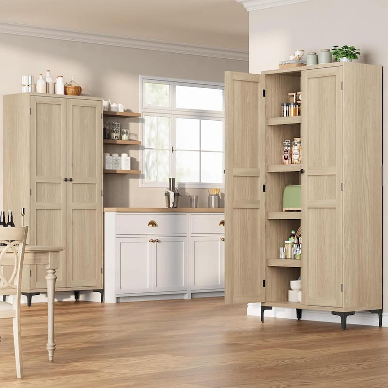 Tall Storage Cabinet,2 Glass Doors, Kitchen Pantry 5 Tier Bathroom Cabinet