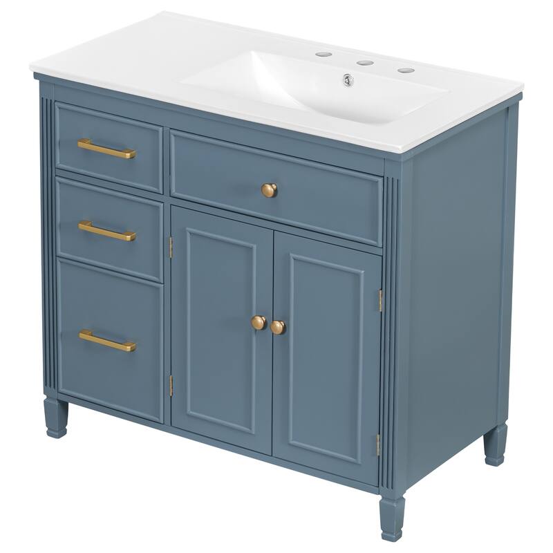 36" Bathroom Vanity with Sink, Ceramic Sink, One Tip-out Drawer, 3 Side Drawers, Adjustable Shelf