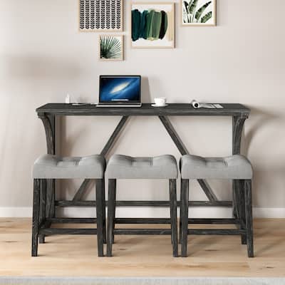 4 Pieces Industrial Breakfast Table Set, Kitchen Bar Table With Power Outlet, 1 Dining Table And 3 Upholstered Stools