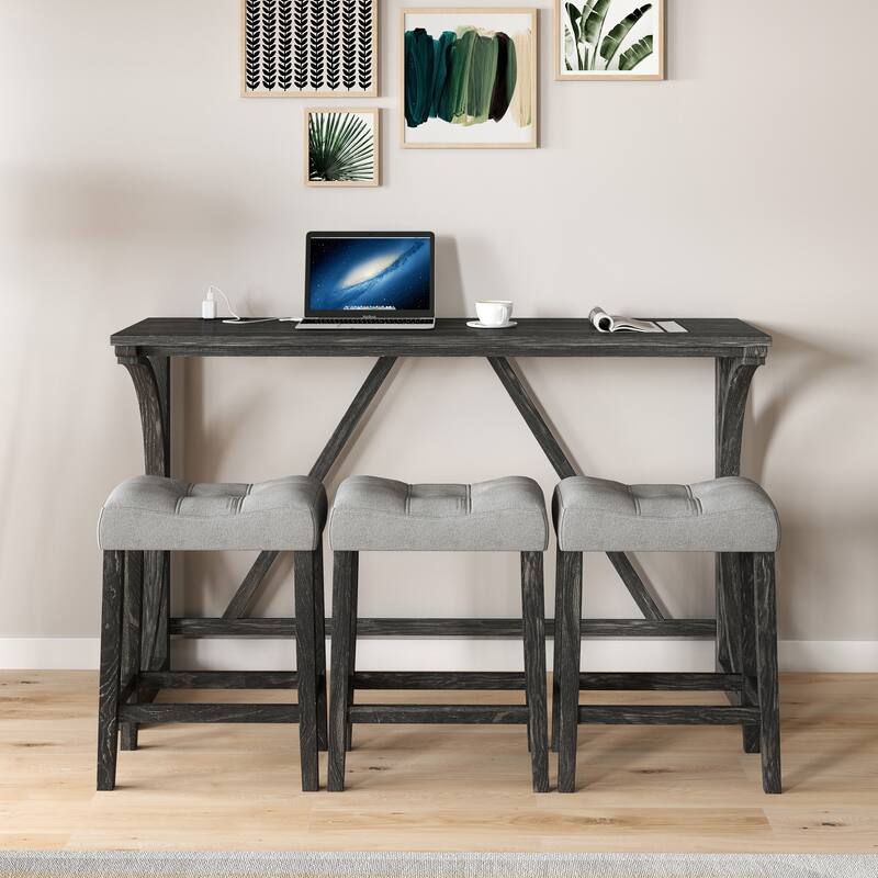 Bar Table Set with Power Outlet, Bar Table and Chairs Set, 4 Piece Dining Table Set