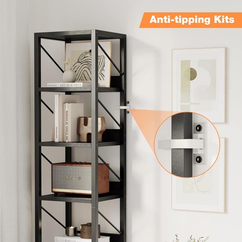 6-Tier Slim Bookshelf Tall Rustic Metal Frame Bookcase Narrow Corner Shelf