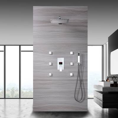 chrome wall mount 12 inch rainfall 3 way digital display shower system with body jets - 7'6" x 10'9"