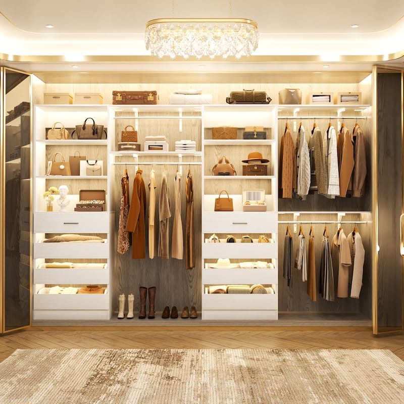 Set of 2 Closet System with Wooden Drawers and Hanging Rods, Closet Organizer with Adjustable Storage Shelves