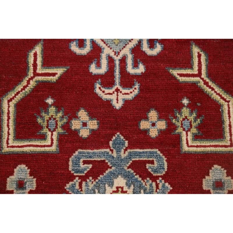 Red Geometric Kazak Runner Rug Handmade Oriental Wool Carpet 2'9" x