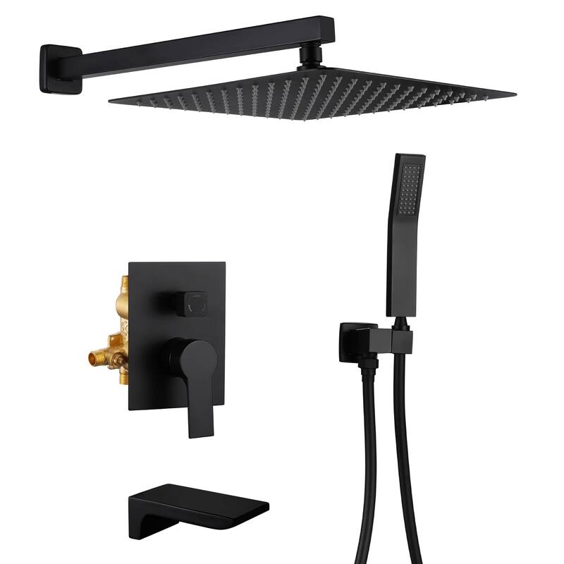 Wall Mount Tub Shower Faucet Set With Hand Shower Complete Shower System With Tub Spout With Pressure Balance Valve - 12" x 12" - Matte Black